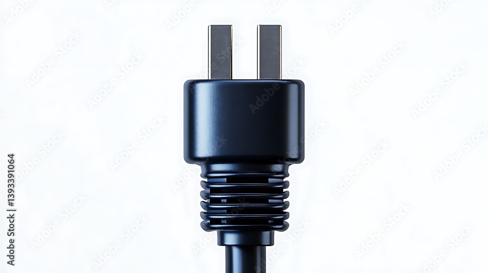 A standard black electrical power plug with a thick insulated cable and two metal prongs, ultra-detailed, isolated on solid white background. A standard black electrical power plug with a thick insulated cable and two metal prongs, ultra-detailed, isolated on solid white background.