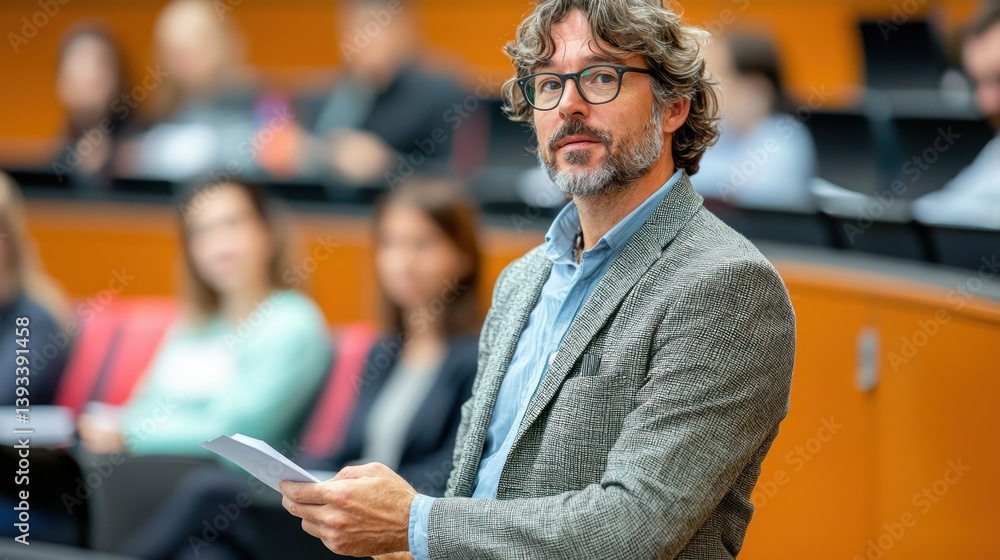 Fototapeta premium Speaker presents to audience in a theater with orange seats and blurry attendees
