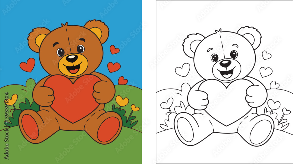 Obraz premium Teddy Bear Holding Heart Coloring Page for Kids