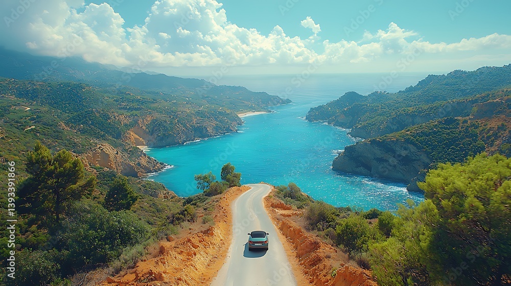 Obraz premium Coastal Road Trip Adventure: A winding road snakes along a breathtaking coastline, inviting a journey of exploration and discovery. The turquoise sea shimmers under the vast expanse of sky.