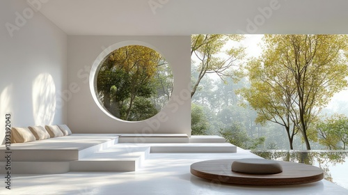 Minimalist zen living space with nature views