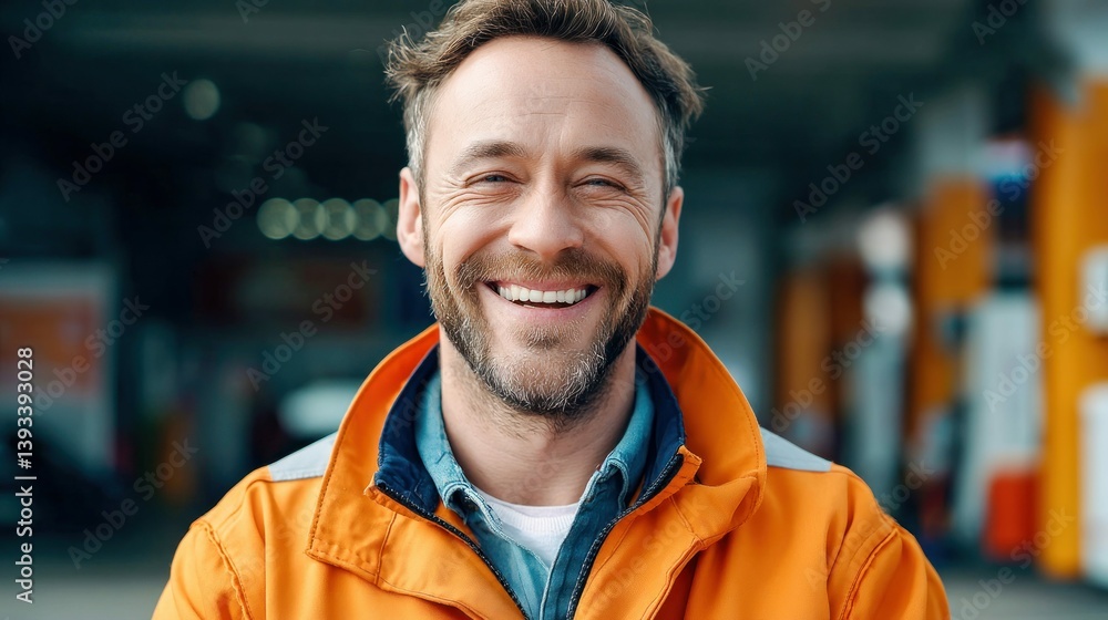 A close-up of a smiling, bearded man wearing a bright orange jacket, beaming for the camera. A close-up of a smiling, bearded man wearing a bright orange jacket, beaming for the camera.