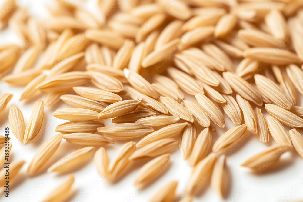 Obraz premium A top-down view of raw rice grains scattered evenly, showcasing individual grain clarity and organic imperfections, ultra-HD, isolated on solid white background.