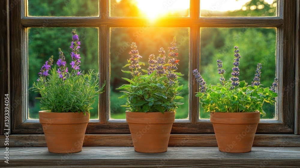 Sunlight streams through a window, highlighting potted plants on a windowsill Sunlight streams through a window, highlighting potted plants on a windowsill