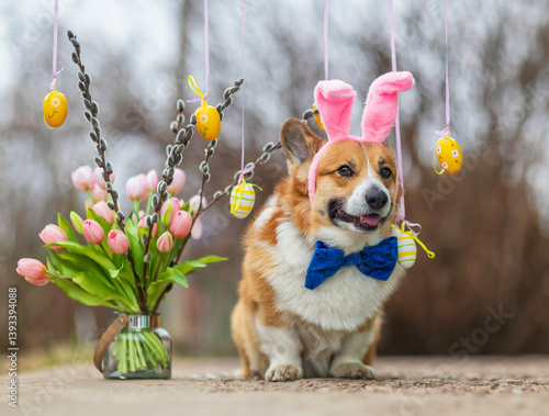 cute corgi dog in Easter pink bunny ears and bow tie walks in spring garden a...