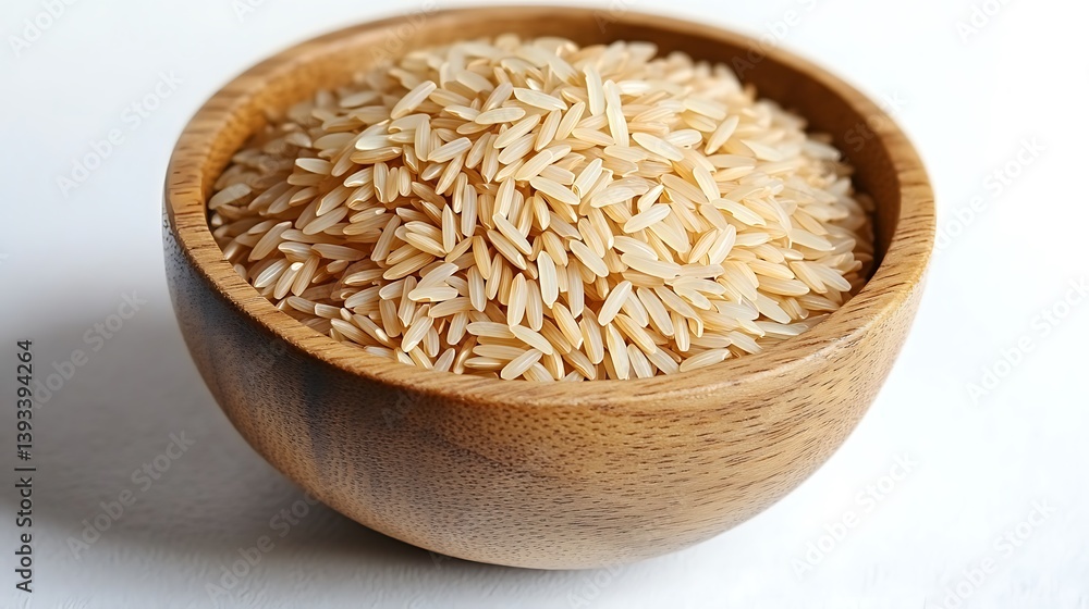 A wooden bowl filled with uncooked rice, smooth polished grains with natural highlights, hyper-realistic, isolated on solid white background. A wooden bowl filled with uncooked rice, smooth polished grains with natural highlights, hyper-realistic, isolated on solid white background.