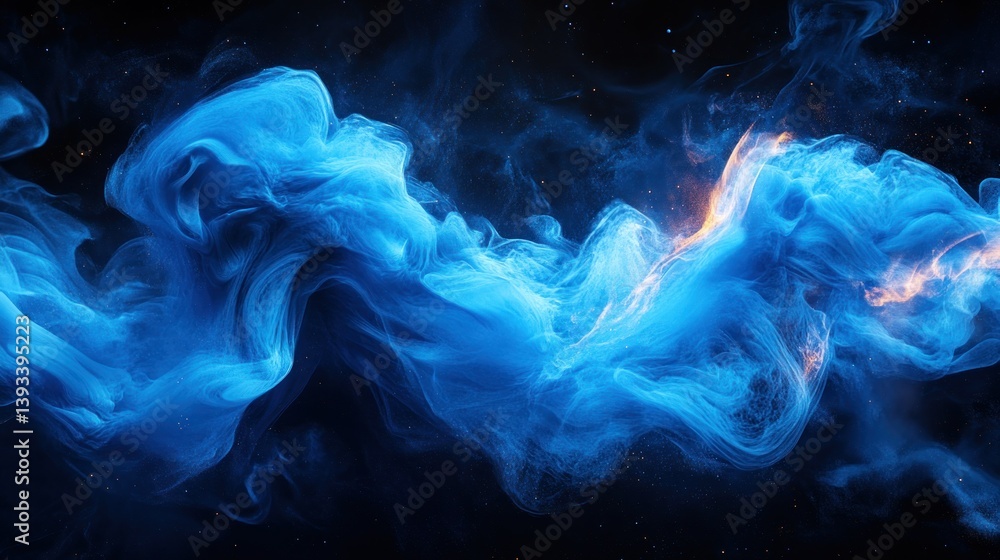 Obraz premium Swirling, vibrant blue smoke with orange accents floats against a dark backdrop