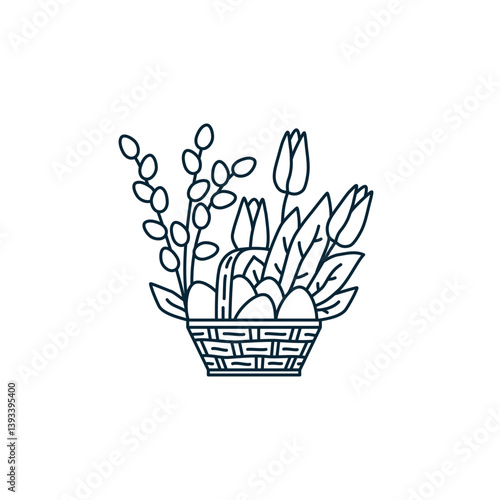Easter basket, eggs, pussy willow branches (cats), tulip flowers, leaves. Spring holiday. Vector icon with editable stroke lines. Graphic flat logo.