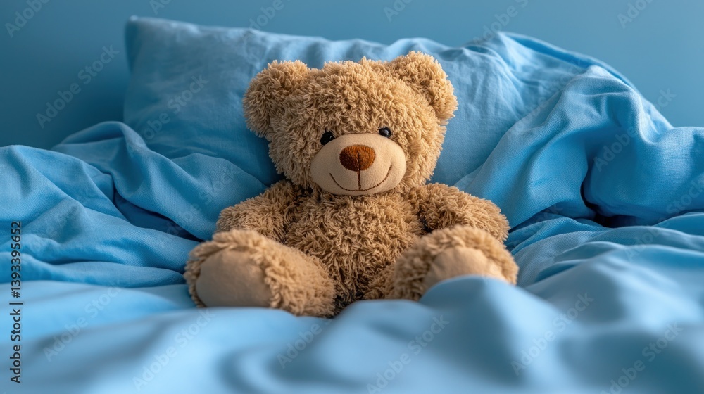 Teddy bear sits on blue bedding, against light blue wall Teddy bear sits on blue bedding, against light blue wall
