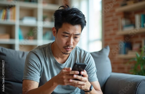 Asian man with concerned expression checks mobile phone. Serious, worried face indoors on sofa. Depression, anxiety, mental health, online communication, social media. Problem, frustration, bad news