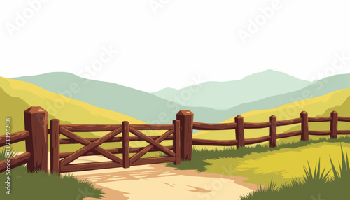 Rustic wooden fence and gate among rolling hills, serene landscape
