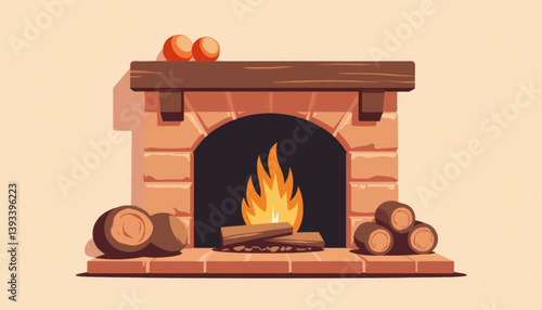 Cozy fireplace with stylized logs in warm setting, comfort and warmth