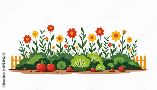 Vibrant garden scene with flowers and vegetables, nature's bounty