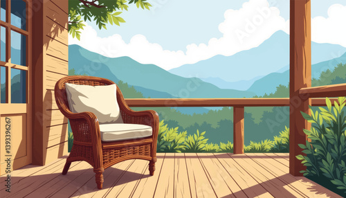 Rustic wicker chair on a sunlit porch with distant mountains, serenity
