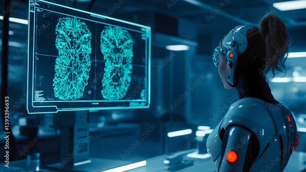 Obraz premium A humanoid robot is intently observing a large digital display showcasing complex data patterns in a modern control room.