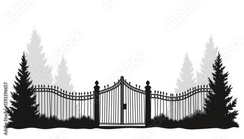 Elegant wrought iron garden fence silhouette with trees, timeless design