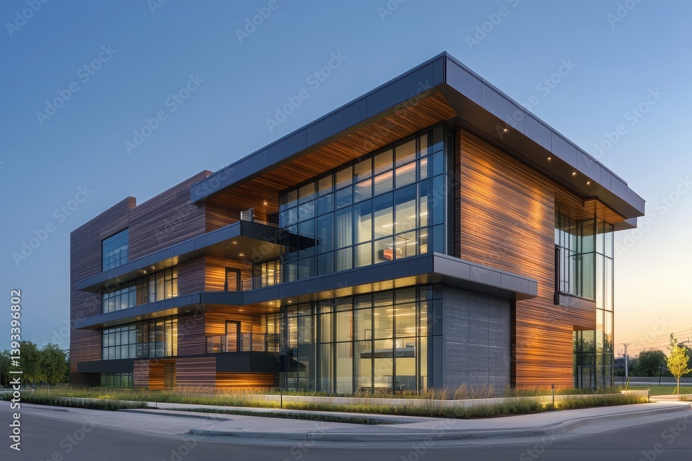 Exterior view of modern building with glass windows and wooden paneling design Exterior view of modern building with glass windows and wooden paneling design