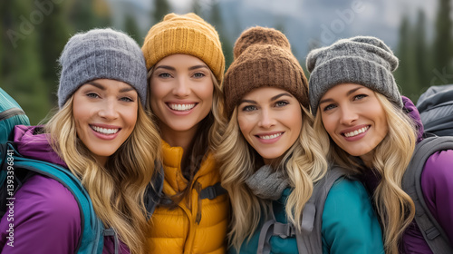 Group of friends hiking in the mountains at sunrise, wearing colorful outdoor gear, smiling and enjoying the view