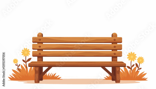 Rustic wooden garden bench with geometric flowers, outdoor tranquility