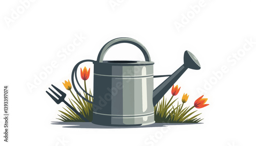 Vintage watering can among garden tools and flowers, gardening concept
