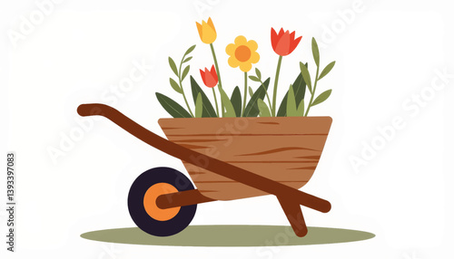 Rustic wooden wheelbarrow filled with flowers, gardening concept