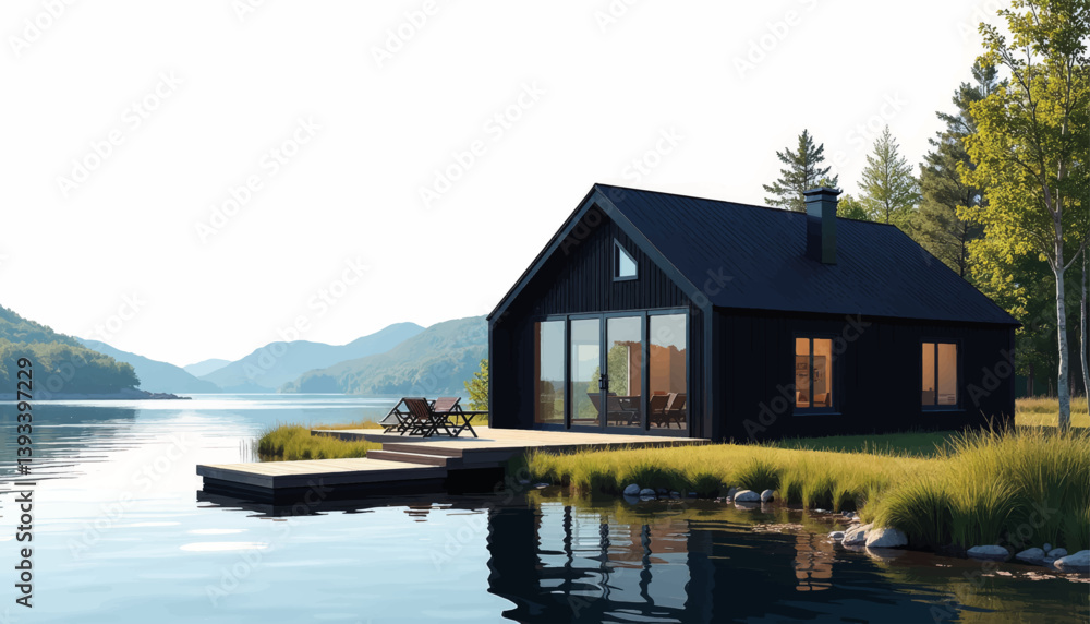 Obraz premium Modern Scandinavian lakeside cottage with panoramic views, serene escape