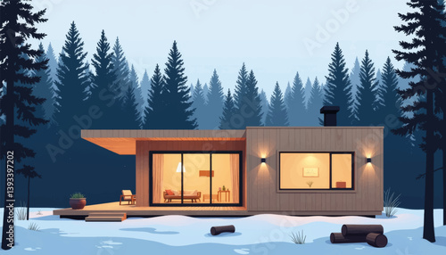 Minimalist Scandinavian cabin surrounded by fir trees on overcast day, cozy retreat