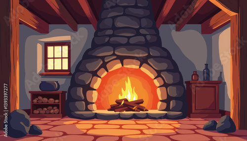 Cozy stone hearth with crackling fire in warm living space, comfort