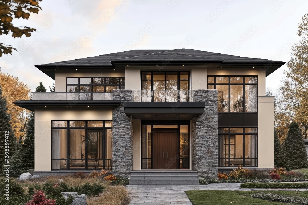 Fototapeta premium Exterior view of a modern home with stone accents and large windows at dusk