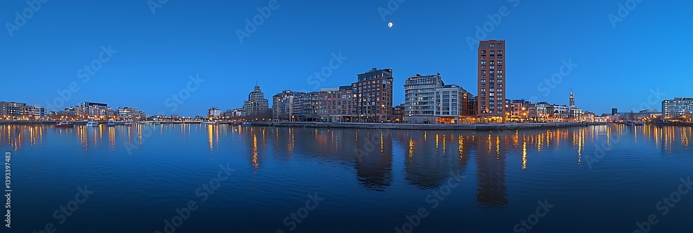 Naklejka premium Cityscape at dawn over a tranquil river
