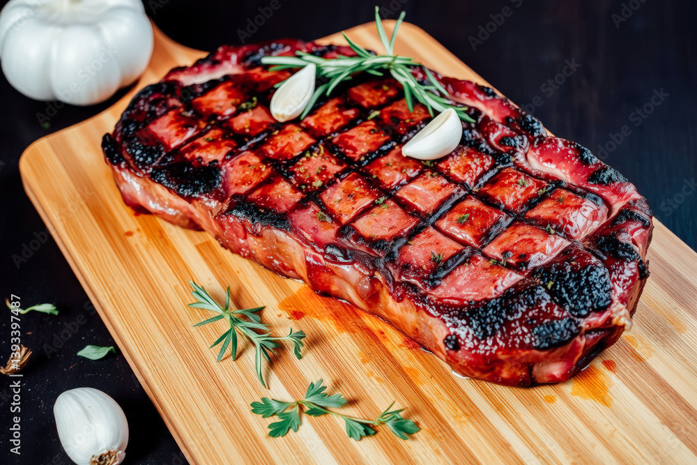 Grilled Steak Garnished with Garlic and Herbs Grilled Steak Garnished with Garlic and Herbs
