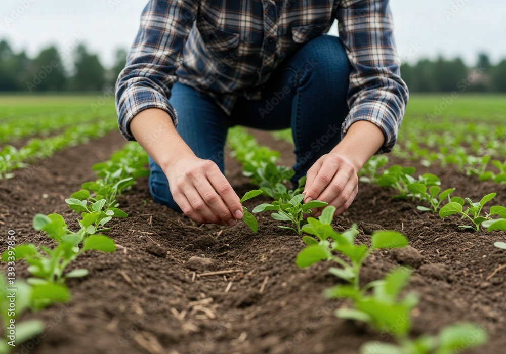 Close-up view of a farmer carefully examining young crops growing in the field. Close-up view of a farmer carefully examining young crops growing in the field.