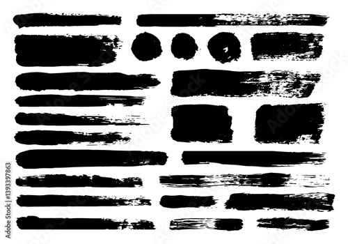 Black brush strokes set. Set of hand drawn black brush strokes, banners, circles. Black ink grunge brush strokes. 