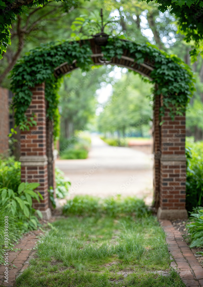 Rustic Garden Gateway: Brick Pathway Through Lush Green Archways Rustic Garden Gateway: Brick Pathway Through Lush Green Archways