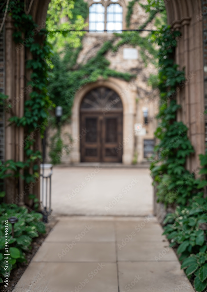 Rustic Garden Gateway: Brick Pathway Through Lush Green Archways Rustic Garden Gateway: Brick Pathway Through Lush Green Archways