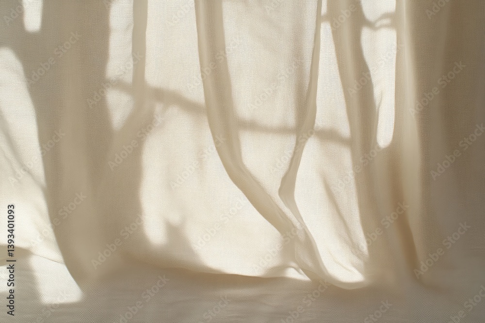 Soft, light beige sheer curtains with dappled sunlight shadows Soft, light beige sheer curtains with dappled sunlight shadows