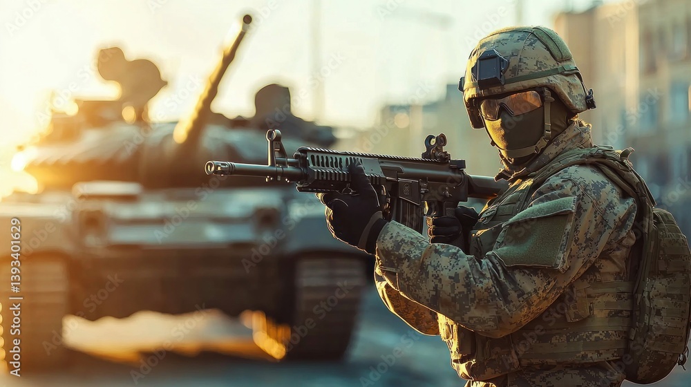 Fototapeta premium A soldier is ready for combat, armed with a rifle with a tank visible behind them in a city.