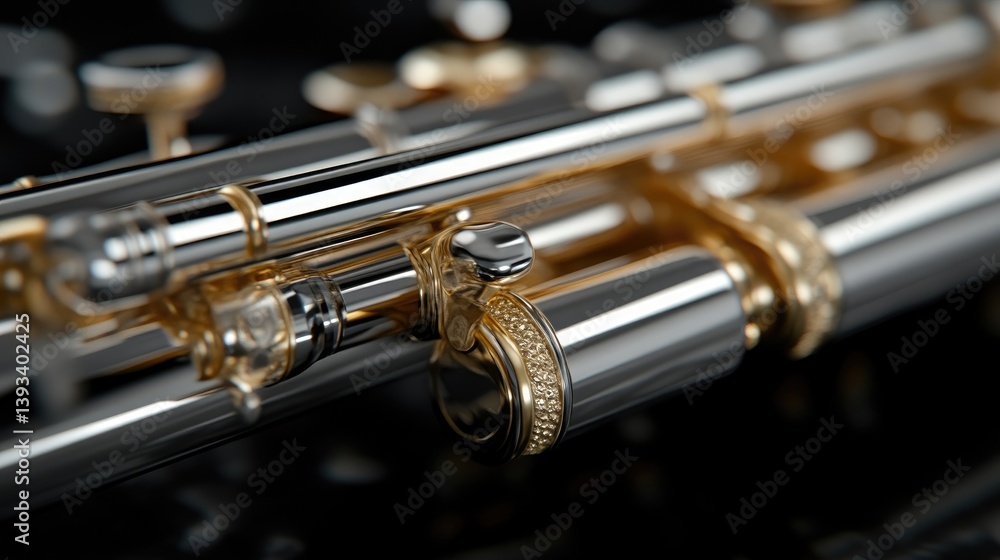 Naklejka premium Close-up of a polished flute's intricate mechanisms. Gold accents highlight the complex design of the keys and body. High-end craftsmanship is evident in the precision of the metalwork