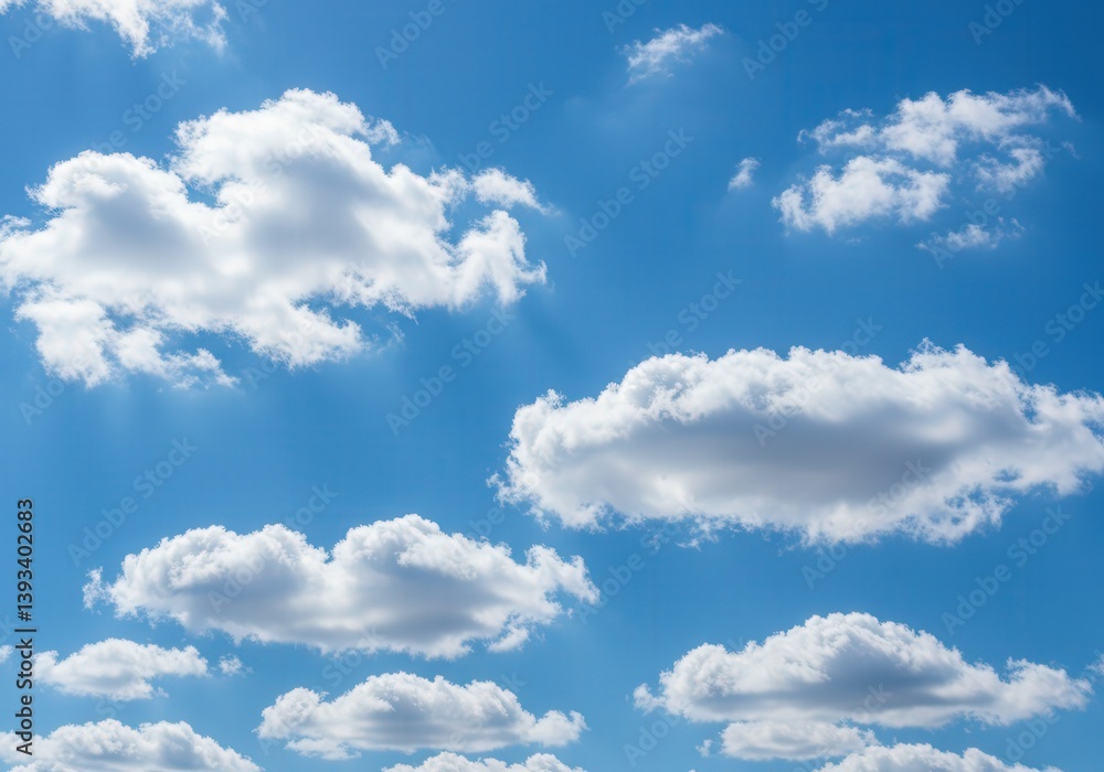 Naklejka premium Vibrant blue sky filled with fluffy white clouds, creating a stunning natural backdrop.