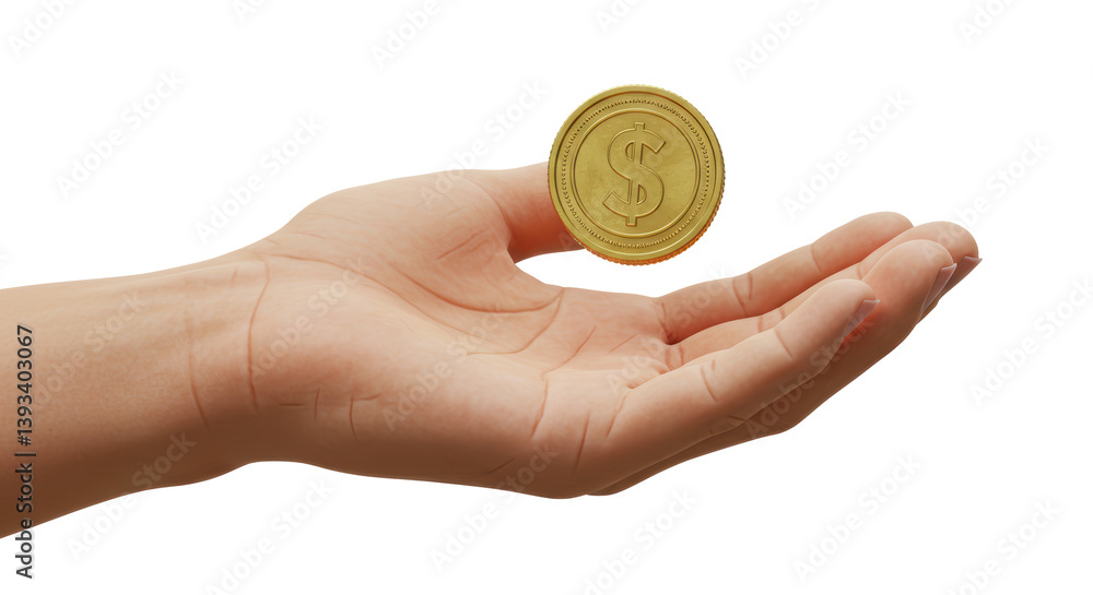Isolated Golden Dollar Coin Balancing on Open Hand Isolated Golden Dollar Coin Balancing on Open Hand