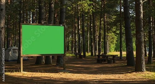 Green screen sign in the forest campground presents adaptable display surface