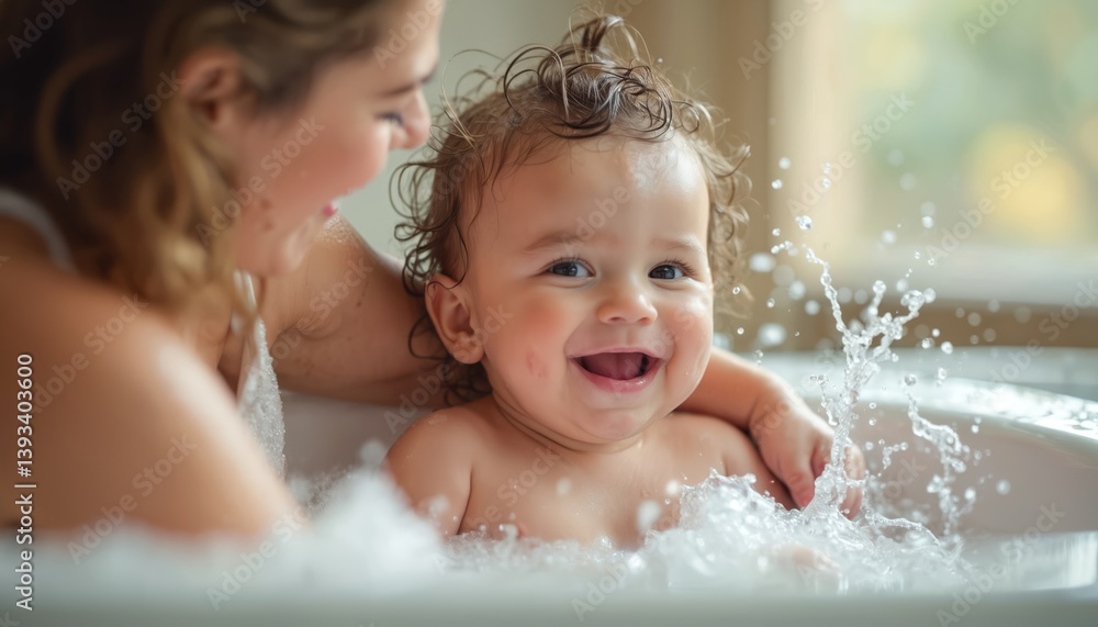 Happy toddler enjoys bath time with mother. Playful water splashes create joyful moment. Smiling baby expresses happiness in tub with foam. Loving family, childhood, fun at home, hygiene. Happy toddler enjoys bath time with mother. Playful water splashes create joyful moment. Smiling baby expresses happiness in tub with foam. Loving family, childhood, fun at home, hygiene.