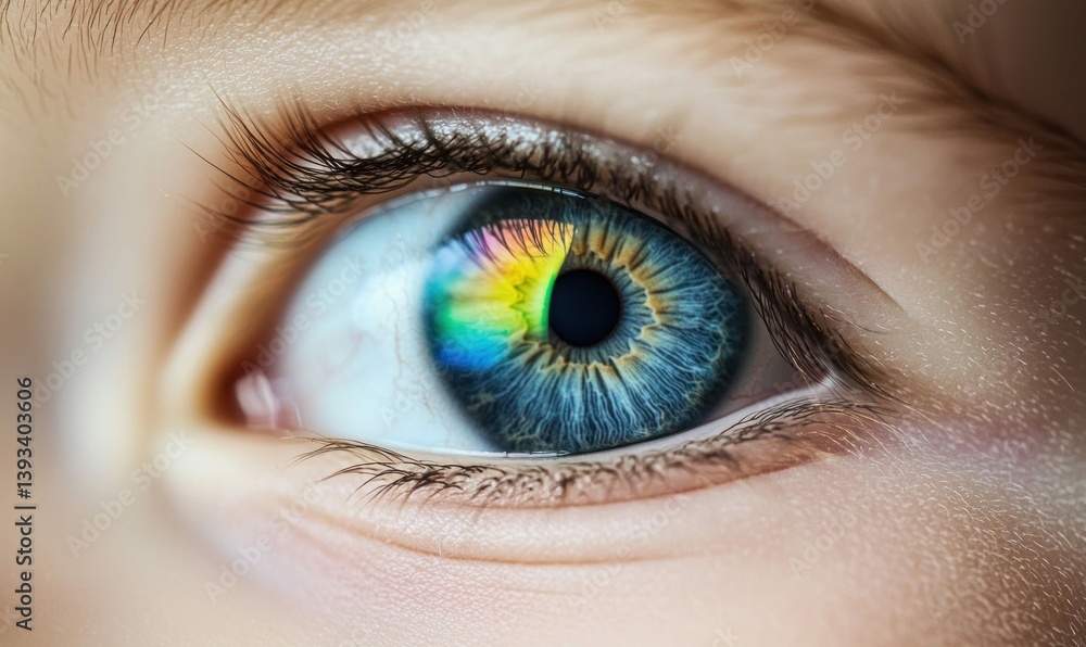 Fototapeta premium A mesmerizing close-up of a blue eye with a rainbow reflection reveals intricate details.