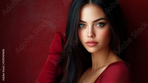 Wallpaper Mural A young woman with dark hair in front and wearing a red dress. Model appearance of a girl for hair advertising.with a smartphone camera. Torontodigital.ca