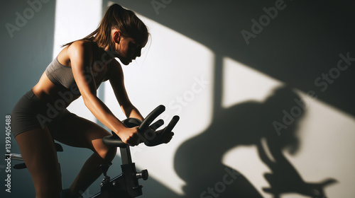Young woman intensely exercising on spin bike, casting dramatic shadow on gym wall, showcasing dedication and athleticism