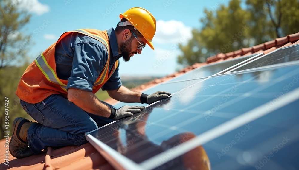 Male technician installs solar panels on rooftop. Man wears safety gear, installs renewable eco-friendly energy system. Clean, green energy tech, sustainable home, modern technology, renewable Male technician installs solar panels on rooftop. Man wears safety gear, installs renewable eco-friendly energy system. Clean, green energy tech, sustainable home, modern technology, renewable