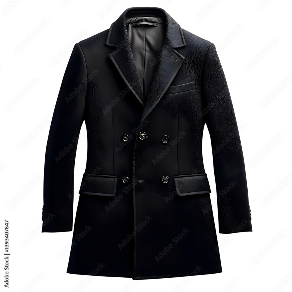Black Wool Coat with Leather Collar Isolated on Transparent Background Black Wool Coat with Leather Collar Isolated on Transparent Background