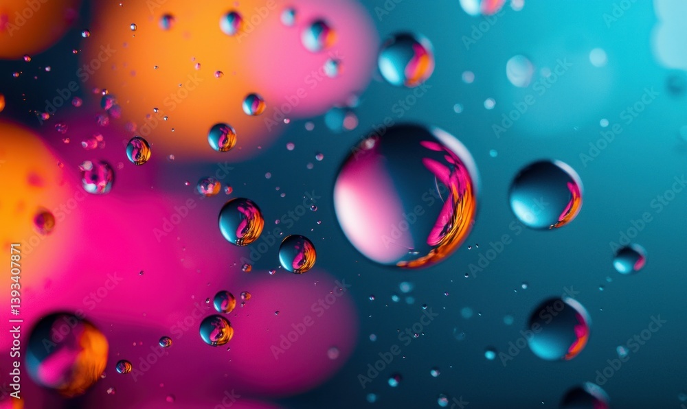 Abstract macro shot of water droplets suspended against a colorful and blurred background. Abstract macro shot of water droplets suspended against a colorful and blurred background.