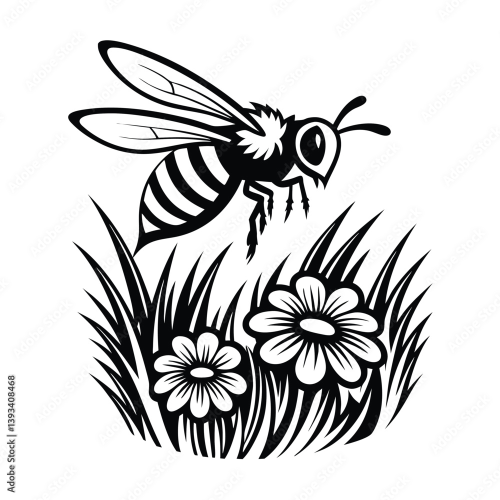 Obraz premium Detailed Outline of Honeybee Flying Above White Flowers and Grass Patch 88
