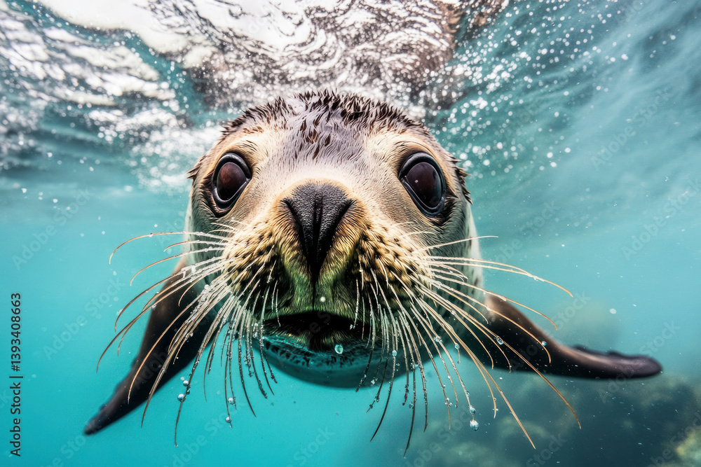 Fototapeta premium curious funny seal peering through clear ocean water with bubbles around. underwater wildlife photography. marine life exploration. educational poster, travel blog.